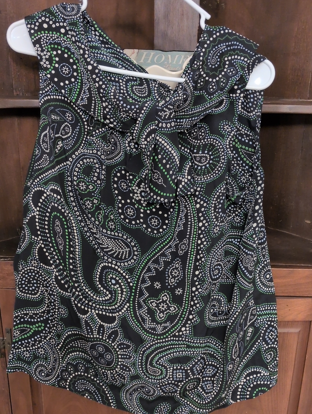 Talbots Navy, White & Green Paisley-Spot Sleeveless Tie-Neck Blouse -Size Medium